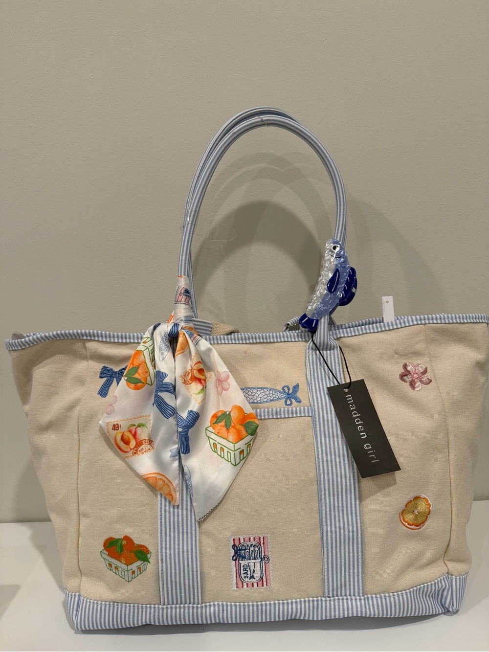 Madden Girl Cream Canvas Tote with Light Blue Trim and Multicolor Scarf